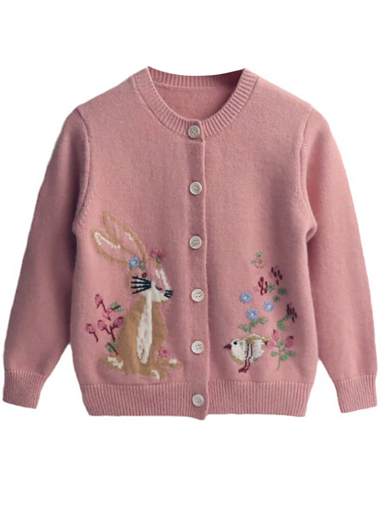 Girls Pink Cashmere Cardigan with Bunny and Bird Embroidery